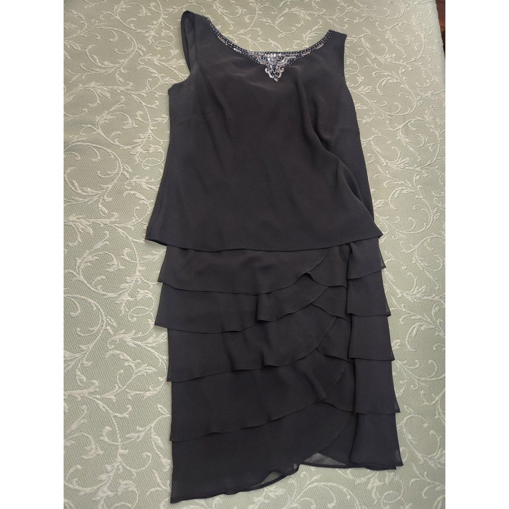 Solo Fashions Dress 16W Black Sleeveless Beaded Sheath Chiffon Layer Prom Formal